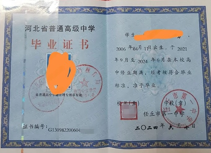 齐齐哈尔任丘市第一中学高中毕业证样本图片