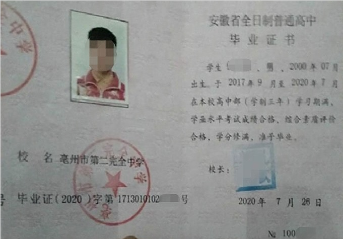 齐齐哈尔亳州市第二完全中学高中毕业证样本